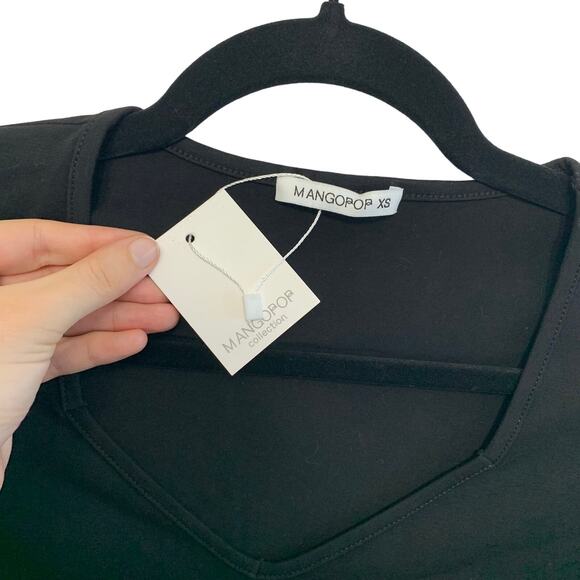 MANGOPOP Sweetheart Neckline Long Sleeve Bodysuit NWT Sz XS Black Lightweight - Picture 3 of 7